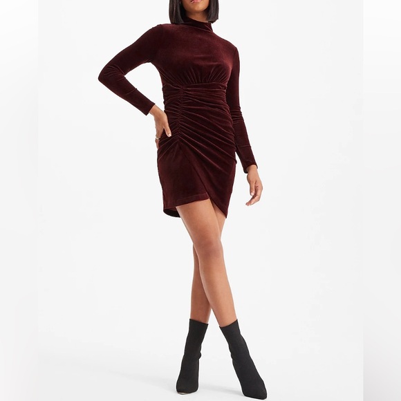 Velvet Body Contour Mock Neck Ruched Mini Dress - Picture 5 of 12